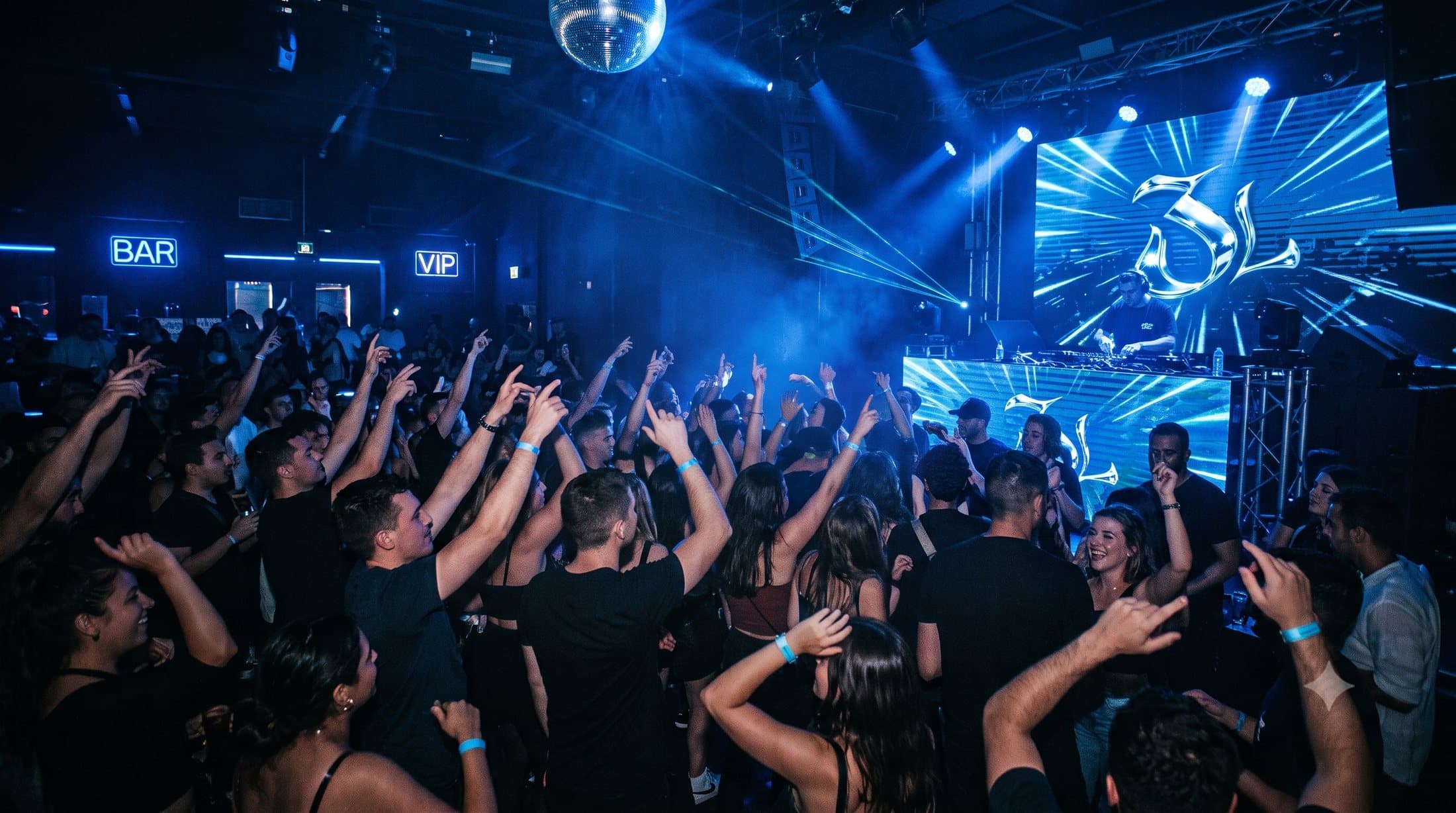 Nabitý parket na akci Globaal Elevate — modré lasery a dav